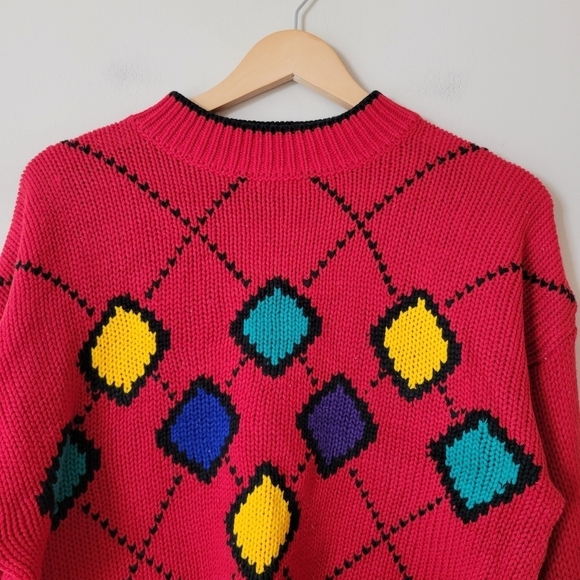 Vintage 80s Red Knit Mockneck Colourful Argyle Sweater Teachercore - Picture 3 of 8